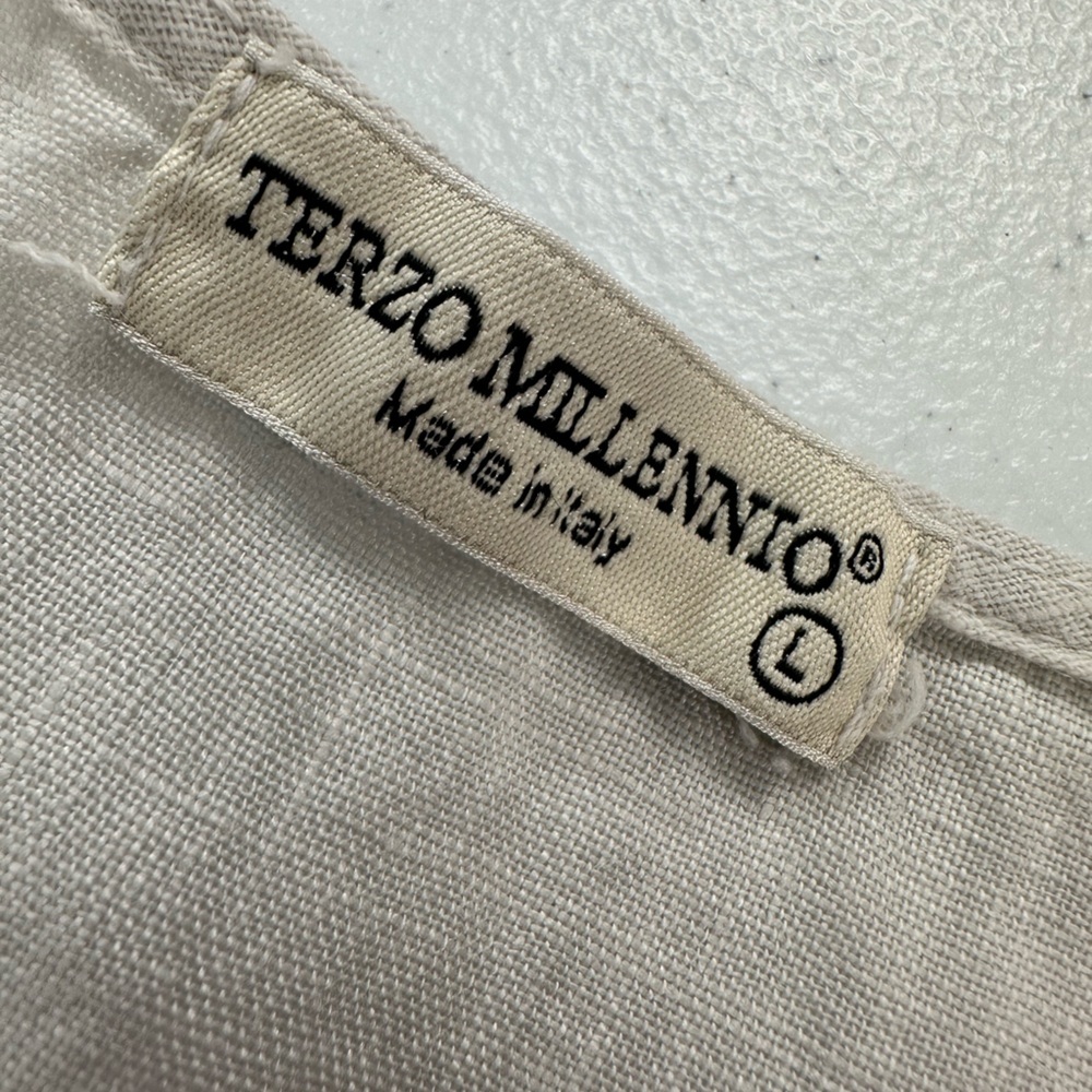 Terzo Millennio Made In Italy Neutral Linen Lace Trim Short Sleeve Blouse Top L - Picture 3 of 8